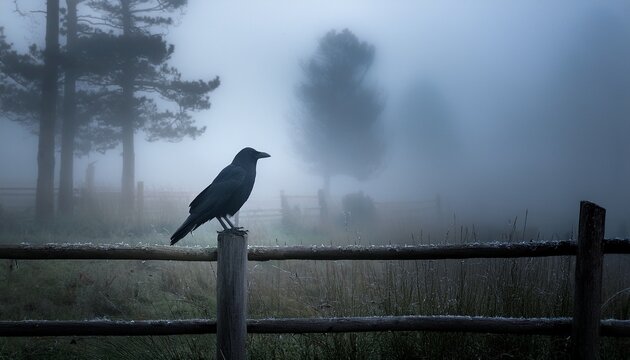 mysterious crow perched on fence in dense fog a serene and enigmatic scene