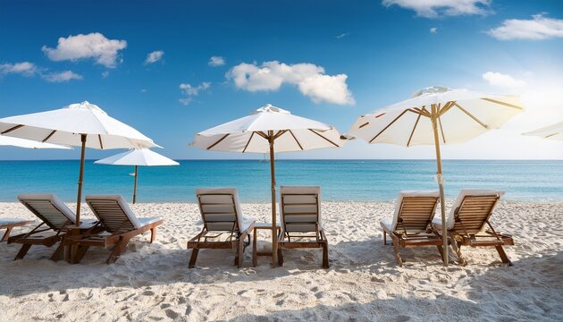 sunny beach landscape with white umbrellas and lounging chairs