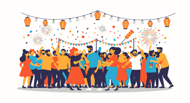 Festive crowd dancing under lanterns with fireworks and confetti