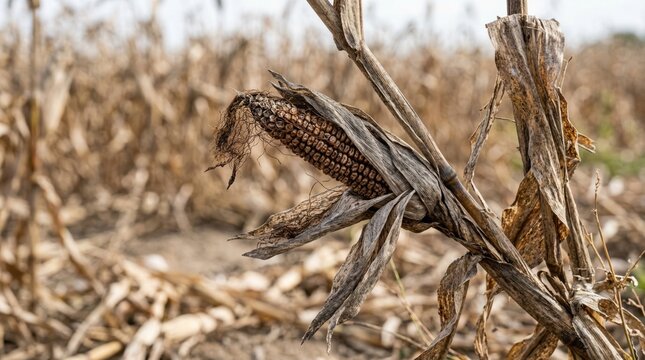 Withered Corn Cob in Dry Agricultural Field. Close-up of dried corn plant in drought affected farmland, symbolizing crop failure, climate change, food shortage, and agricultural crisis.