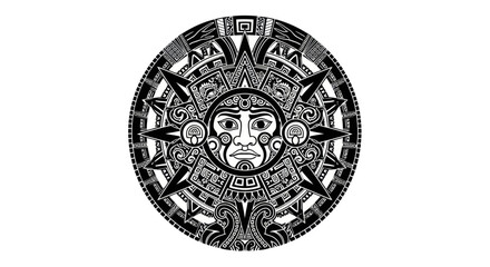 Obraz premium Aztec Sun Stone Calendar Symbol, Ancient Mexican Culture Icon, Black and White