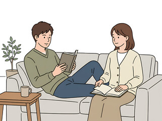 Obraz premium リビングのソファでリラックスしながら読書を楽しむ笑顔の日本人カップル男女