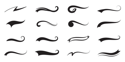 Set of Swoosh vector. Hand drawn swoosh elements, and swoop underline typography tails shape in flat styles. Set of ribbons. Design concept element collection. © RadheK 