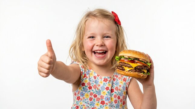 Happy little girl holding a double cheeseburger and showing thumbs up - fast food and childhood joy concept.