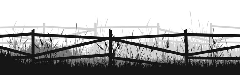 Naklejka premium Meadow silhouettes with grass and old wooden fence. Countryside, panoramic summer lawn rural landscape with herbs, weeds. Herbal border, frame element. Black horizontal banners. Vector illustration