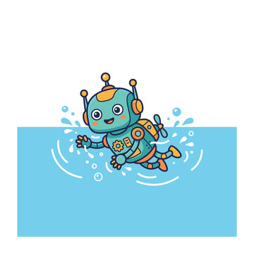 Cute Robot Swimming in Water Cartoon Illustration Flat Style