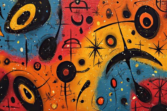 Surreal abstract painting inspired by joan mir   with vibrant colors and playful biomorphic shapes.