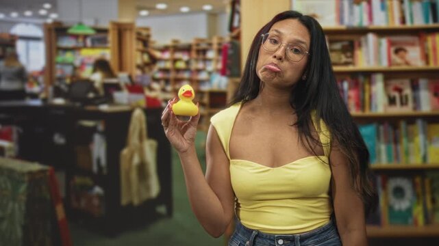 Woman holding rubber duck by hand, pouting and examining toy in bookstore building; bemused curiosity.