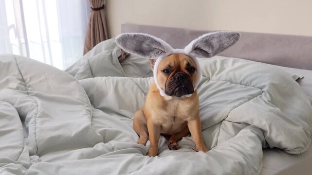 Small dog with slightly sad, funny expression sits patiently on unmade bed wearing bunny ears. French Bulldog looks toward camera with face that seems to ask 'Why me', adding adorable humor to scene