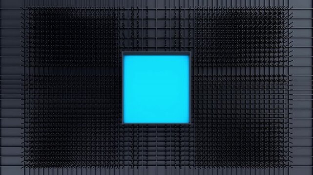 量子プロセッサの回路基板が結合しシアン色に全面発光するハイテク背景