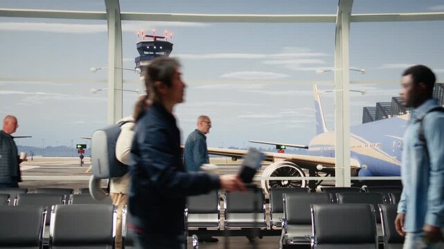 Tourists commuting in airport transport hub waiting area overlooked by runway control tower. People walking through rows of chair seats inside bright modern flight departure terminal, camera A