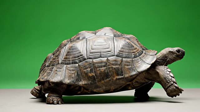 Adult Tortoise Walking on Studio Surface with Green Screen Background Displaying Distinct Shell Patterns and Textures