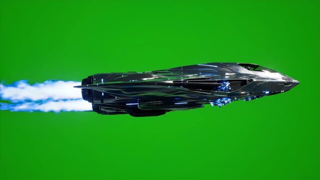 A sleek, advanced spacecraft with glowing blue details soars rapidly, leaving a vibrant exhaust trail.