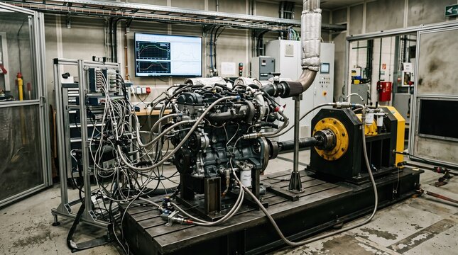 Medium shot of an automotive powertrain test cell with a compact engine mounted on a dynamometer surrounded by sensors and diagnostic instruments under controlled conditions.