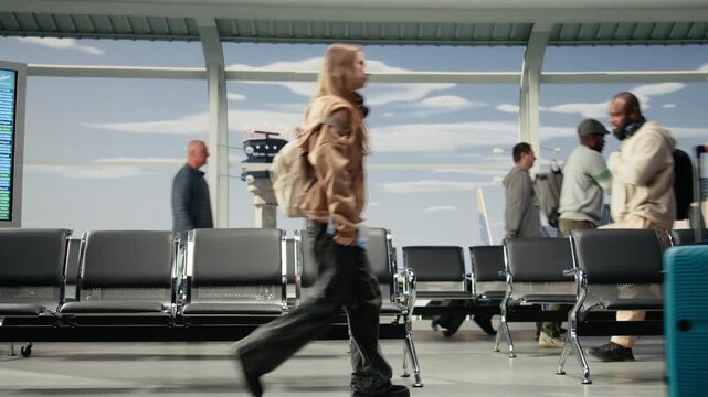 Commuting, runway control tower and multiethnic men with women in airport transport hub. Walking, metal chairs and multiracial travelers inside flight departure terminal, camera A