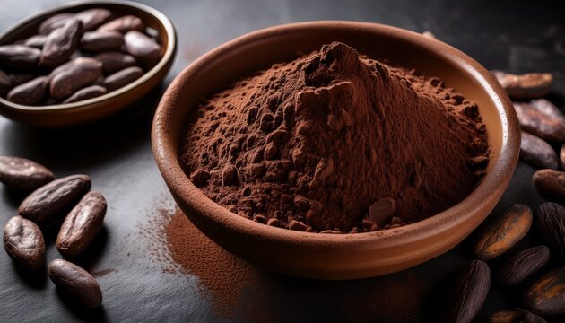 fine dark cocoa powder in a rustic clay bowl features chunks of raw chocolate and cacao beans under moody lighting on a dark textured surface