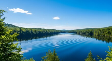 Fototapeta premium Stunning scenic view of a tranquil lake surrounded by lush green forests in Canada.