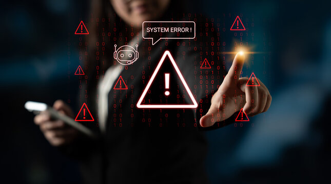 A businesswoman interacts with a digital alert icon, highlighting a system error amidst a technology-driven workspace, showcasing modern communication and innovation. Cyphers