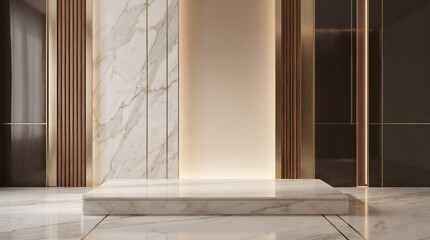Fototapeta premium Modern luxurious interior space with a marble display pedestal and elegant wall panels.