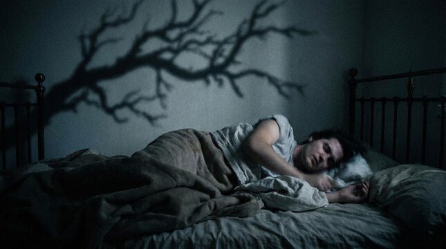 Man lying awake in bed at night, dim blue light and shadowy tree branches on the wall, mood feels anxious and restless
