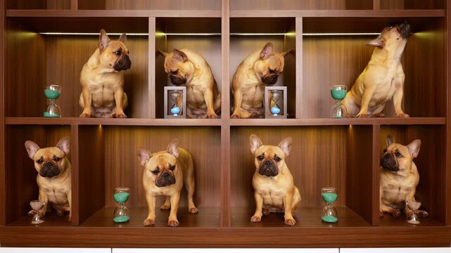 Amusing scene of multiple identical dogs placed in cubby shelf compartments. They sniffing, glancing at each other, shifting positions, or peeking toward camera. Hourglasses in each cell