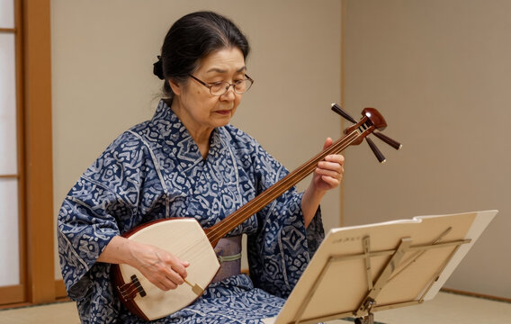 Senior Japanese woman playing the shamisen in a traditional room, blue kimono and glasses, culture and music of Japan