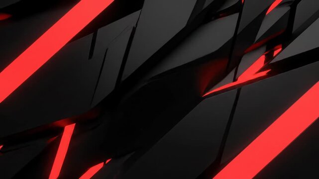Abstract black and dark grey 3D rendered geometric patterns with sharp red glowing outlines and clean reflections, subtly shifting with gentle tracking movement, creating a seamless, hypnotic visual