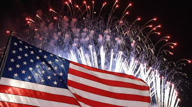 American Flag Waving with Fireworks at Night Celebration