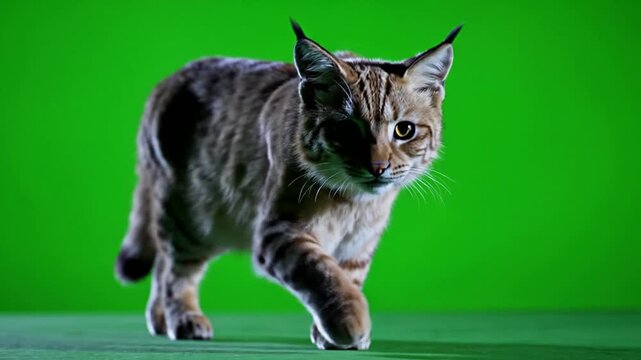 Close-Up Footage of a Lynx Walking Gracefully Against a Vibrant Green Background in Studio Setting