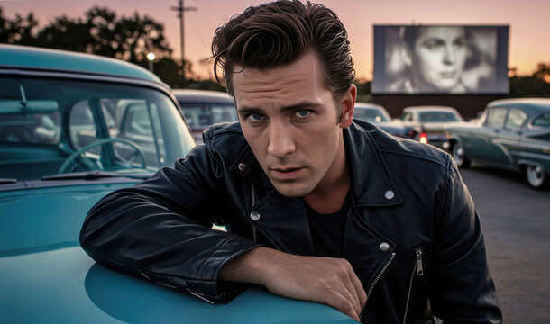Young Caucasian man in 50s style, black leather jacket, pompadour hairstyle, drive-in cinema, intense and serious look