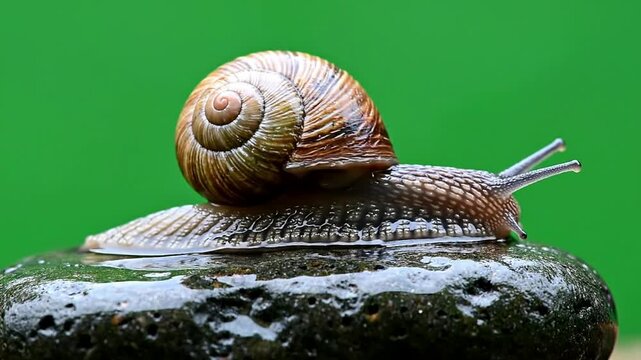 Close-up Footage of a Snail Gliding Over a Wet Rock Against a Vibrant Green Background