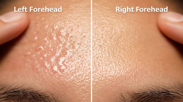 Close-Up Forehead Comparison Highlighting Left and Right Skin Texture and Hydration Levels for Skincare and Dermatology Insights