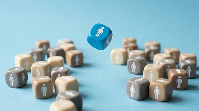 Finding the perfect match for a role A singular blue person-icon die stands out from a crowd of identical grey dice, symbolizing strategic selection