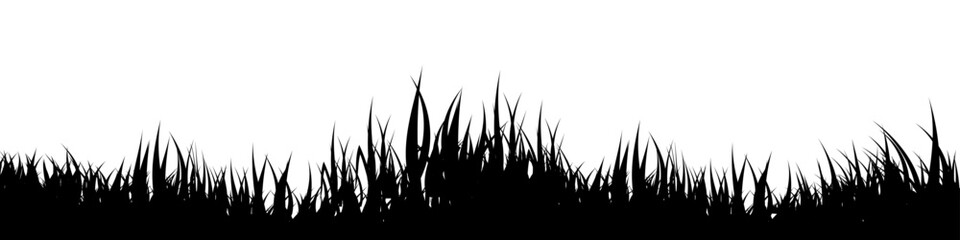 Naklejka premium Meadow silhouette with grass, plants on plain. Panoramic summer lawn landscape with herbs, various weeds. Herbal border, frame element. Black horizontal banners. Vector illustration