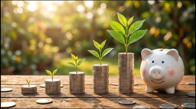 Concept of financial growth with plants on coins and a piggy bank