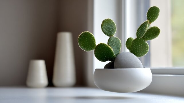 Floating potted opuntia cactus in white minimalist pot bringing modern levitation technology, wellness, and serene ambiance to a home or office interior space