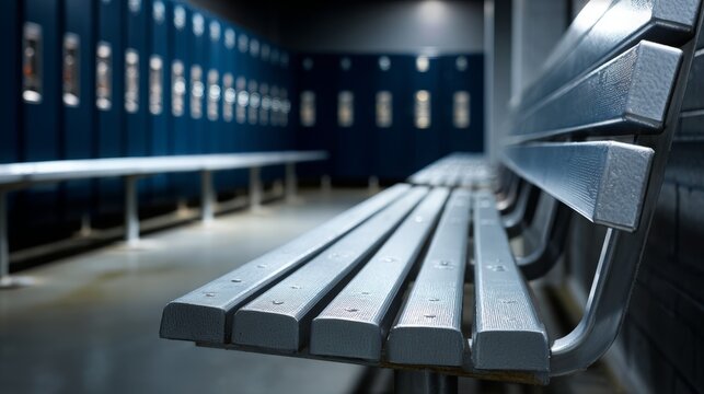 Empty blue lockers lining a clean, modern changing room with metal benches, symbolizing preparation, team spirit, achievement, and athletic facility readiness