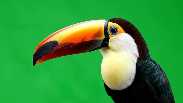 Close-Up of a Colorful Toucan with Elongated Beak Against a Bright Green Background
