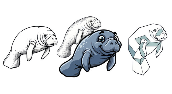 Diverse Manatee Illustrations: Cartoon, Sketch, Geometric, and Realistic