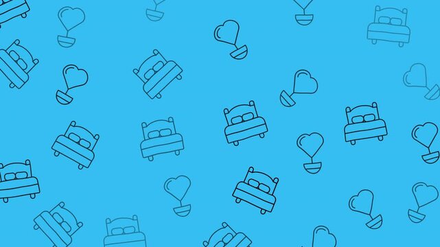 Blue background with beds and heart balloons pattern. Ideal for romantic or valentines daythemed designs, invitations, and holiday cards.