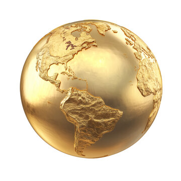 A luxurious and highly detailed 3D rendered golden globe featuring intricately crumpled continents and smooth, reflective oceans, symbolizing wealth, global business