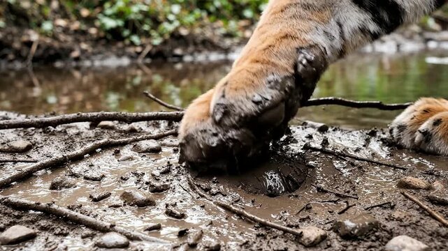 Close-up of a Large Animal Paw Stepping Into Muddy Terrain by a Stream in a Natural Environment