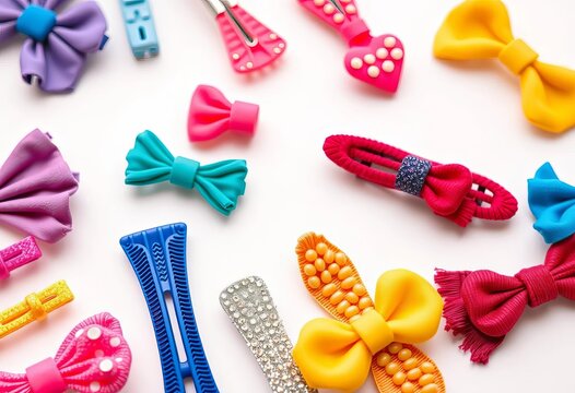 Close-up of colorful hair clips, barrettes, and headbands on a white background,  cosmetic,  rainbow
