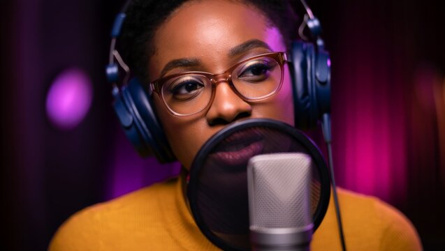 A young woman in a recording studio, wearing headphones and speaking into a microphone with a purple background, engaged in a radio or podcast production session.