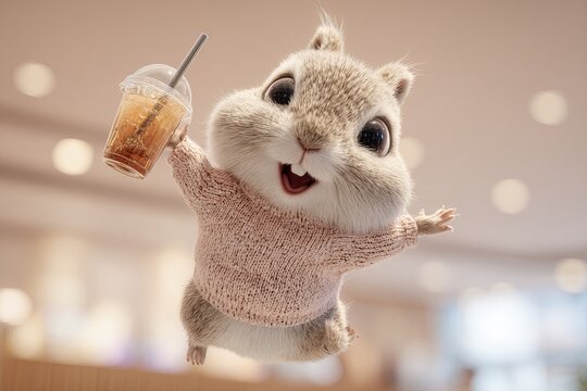 Joyful squirrel jumping in a cozy coffee shop, holding iced coffee, wearing a cute sweater.