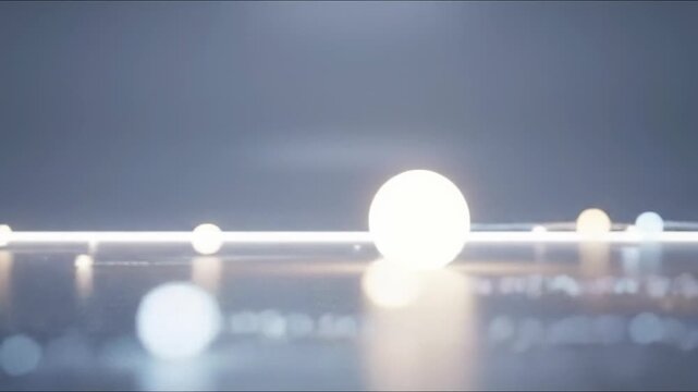 a wide, precise tracking video glides slowly over a pristine, infinitely white studio, showcasing abstract, glowing data elements & luminous particles interacting with a central node on an