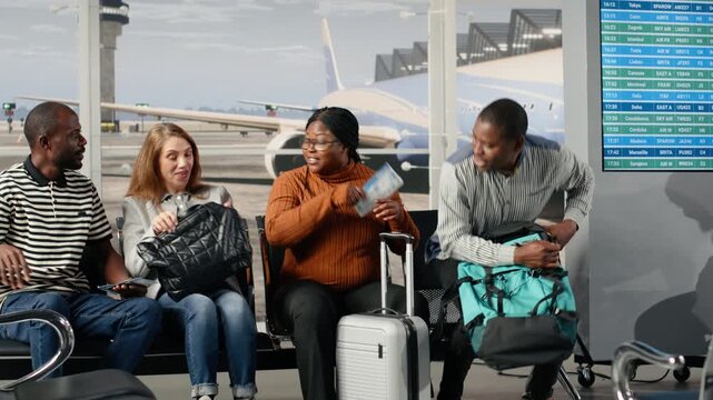 Going to boarding gate, departure board timetable and tourists in airport hub. Reading time on FIDS display, boarding call and multiethnic travelers on lounge benches leaving