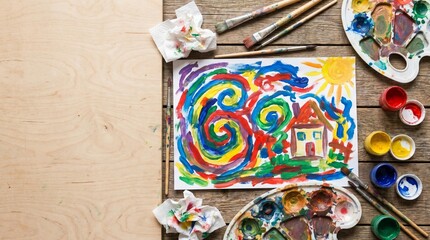 Fototapeta premium Top view of a colorful childs painting of a house and sun with paintbrushes, palettes, and messy tissues on a rustic wooden table