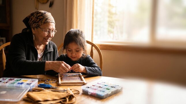An elderly indigenous woman teaching her young granddaughter how to bead on a small loom at a wooden table