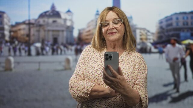 Senior woman holding smartphone and looking at the screen while standing on a busy street plaza with historic buildings and passersby; contemplation.